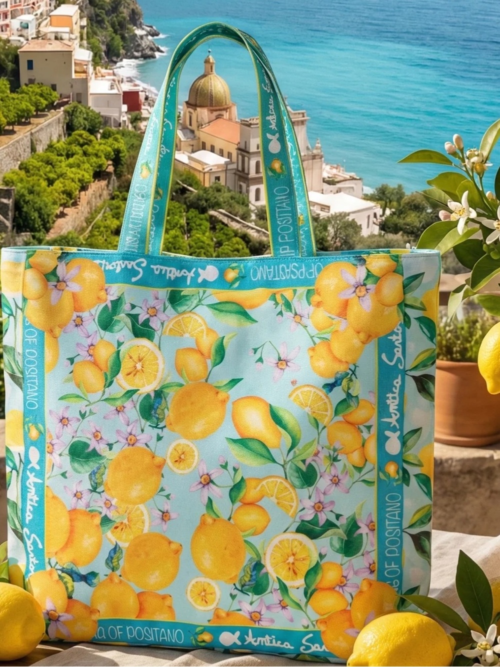 Antica sartoria 2026 Positano Aqua & Lemon Beach Tote Bag NWT